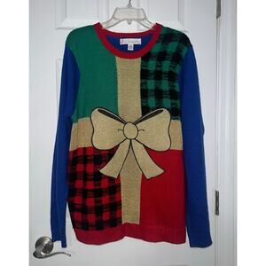 Jolly Sweater Ugly Christmas Holiday Present Big Bow Sparkle Sz L Large Vintage